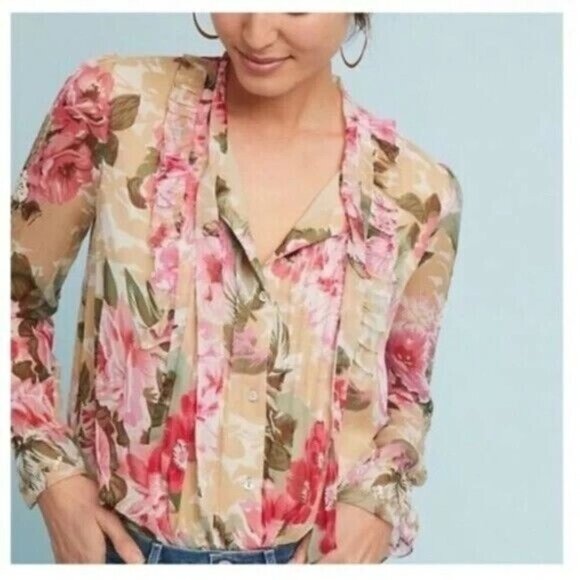 Anthropologie Ranna Gill Womens Top Small Floral Bow Tie Sequined Cottage BOHO - Picture 2 of 11